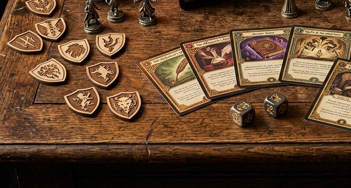 Defenders of Hogwarts spell cards with gold foil borders and wooden defense shields
